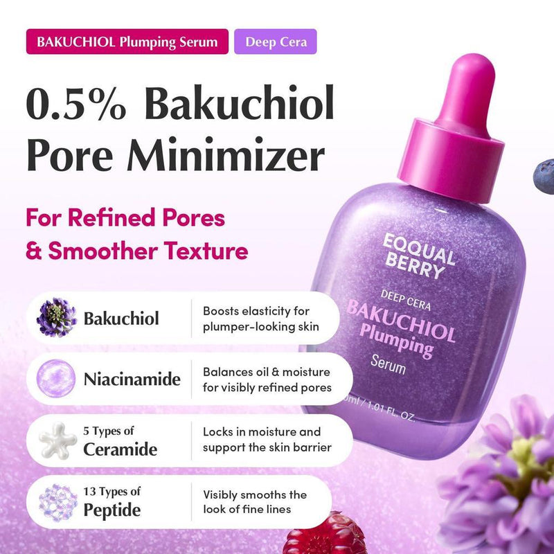 Eqqualberry Suero Facial Plumping Bakuchiol 5000ppm 4% Niacinamida Ácido Hialurónico Piel Sensible 30ml