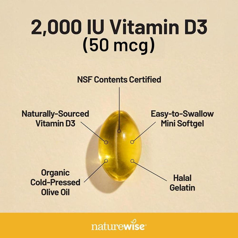 Cápsulas de gel de vitamina D3 de NatureWise, 2000iu para apoyar el sistema inmunológico y la salud ósea y muscular