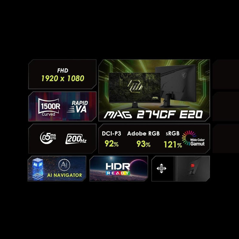 Monitor para juegos MSI MAG 274CF E20 con resolución FHD, 200Hz, 0.5ms, HDR, Adaptive Sync, HDMI y DisplayPort, negro