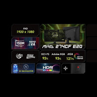 Monitor para juegos MSI MAG 274CF E20 con resolución FHD, 200Hz, 0.5ms, HDR, Adaptive Sync, HDMI y DisplayPort, negro