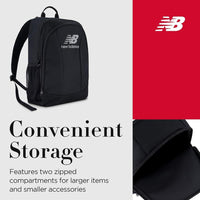 Mochila New Balance para laptop, ideal para viajes, con diseño elegante y múltiples compartimentos, color negro