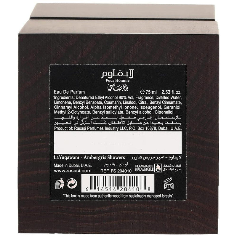 RASASI La Yuqawam Ambergris Showers Eau De Parfum Men, perfume árabe para hombre con cuero y galbanum