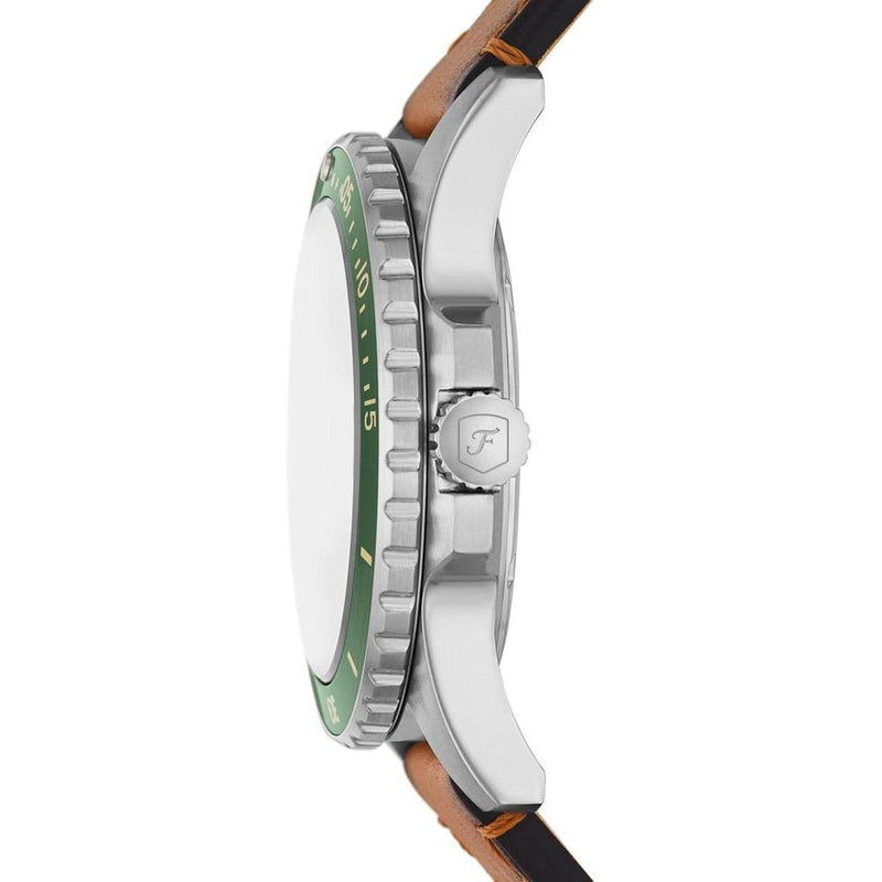Reloj de pulsera Fossil para hombre, diseño acero inoxidable con correa de cuero marrón y resistencia al agua