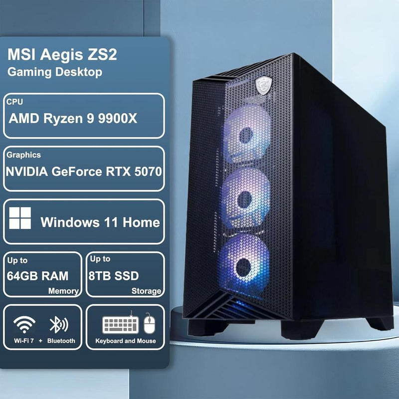 PC de escritorio para juegos MSI Aegis ZS2 con AMD Ryzen 9 9900X, 32GB RAM, 4TB SSD, GeForce RTX 5070, refrigeración líquida