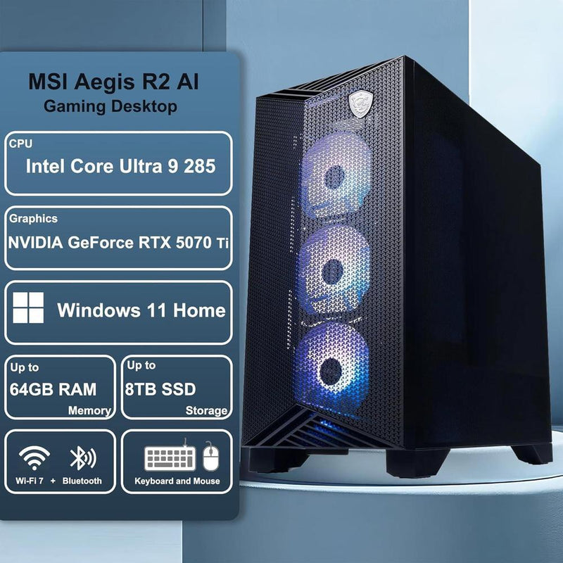 MSI Aegis R2 AI: Torre para juegos con Intel Ultra 9, 32GB RAM, 2TB SSD, RTX 5070 Ti, Wi-Fi 7 y PSU 80+ Gold con accesorio ICP