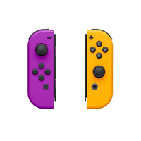 Joy-Con Nintendo Switch colores neón púrpura y naranja, controles inalámbricos con acelerómetro y sensor giroscópico