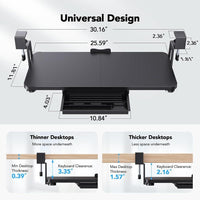 Bandeja para teclado debajo del escritorio HUANUO con soporte resistente de abrazadera en C, plataforma deslizante y cajón de almacenamiento