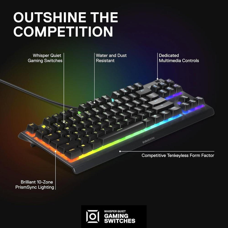 SteelSeries Apex 3 TKL RGB, teclado para juegos; compacto, iluminación RGB, resistente al agua y polvo, silencioso