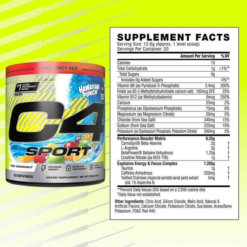 Cellucor C4 Sport - Polvo preentrenamiento, certificado NSF - 200 mg cafeína, creatina, beta-alanina y electrolitos - Ponche, 244g