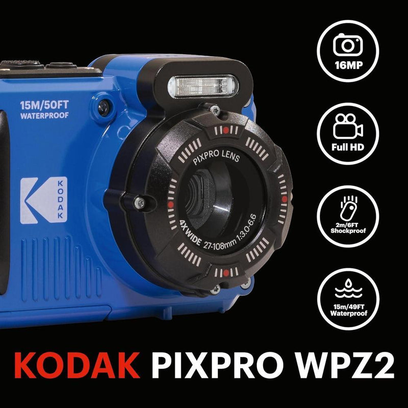 KODAK PIXPRO WPZ2 Cámara digital impermeable, resistente a golpes y polvo con WiFi, 16MP, zoom óptico 4X y video Full HD