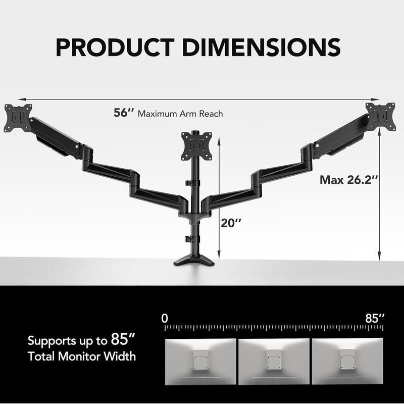Soporte triple HUANUO para monitores de hasta 32 pulgadas, ajuste en inclinación, giro y diferentes opciones de montaje