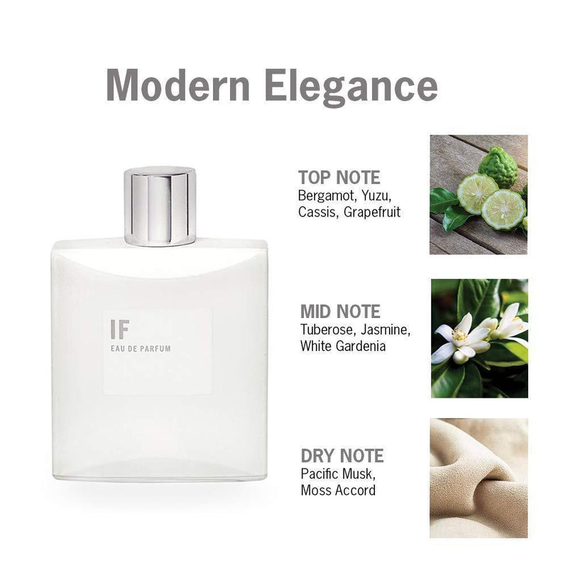 Eau de Parfum IF, perfume floral blanco moderno y cítrico con ingredientes premium y aroma duradero, calidad de lujo