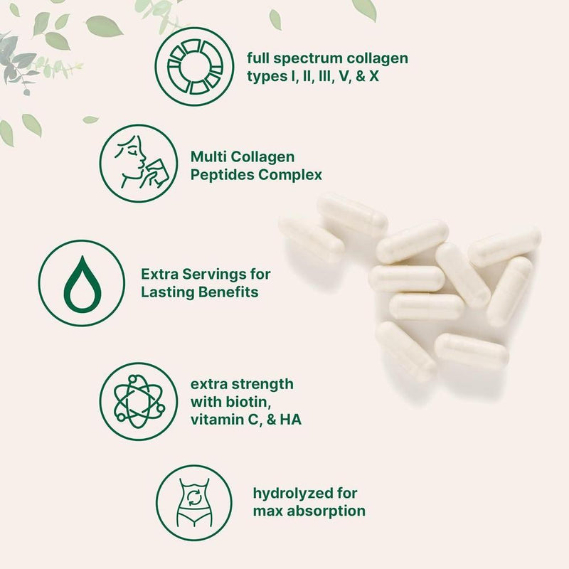 Píldoras de colágeno múltiple con biotina, ácido hialurónico y complejo de vitamina C. Sin OMG ni rellenos. 240 cápsulas