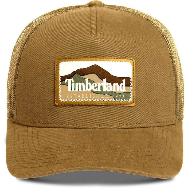 Gorra Timberland para hombre, diseño Trucker con parche de montaña, ajuste de malla y visera curva