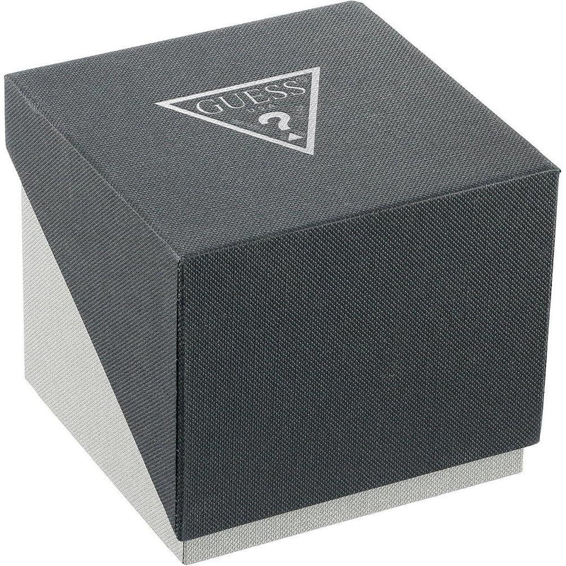 Reloj GUESS con esfera de diamante genuino, caja de acero inoxidable dorado y correa de silicona negra resistente
