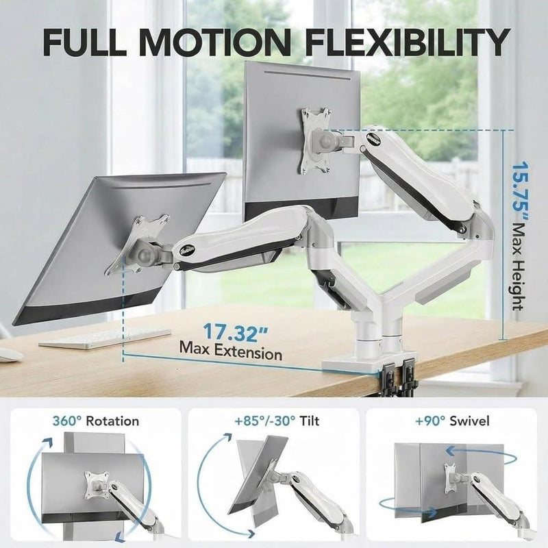 HUANUO Soporte ajustable para monitor dual con brazo giratorio y montaje VESA. Compatible con pantallas de computadora, blanco