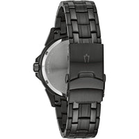 Bulova Reloj clásico de cuarzo para hombre, 6 manecillas, multifunción, día/fecha, esfera negra estampada