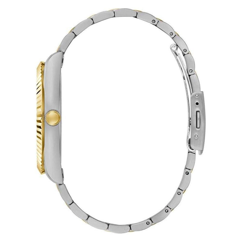 GUESS Reloj para hombre con correa de dos tonos, esfera verde, caja de acero inoxidable, diseño elegante y resistente al agua