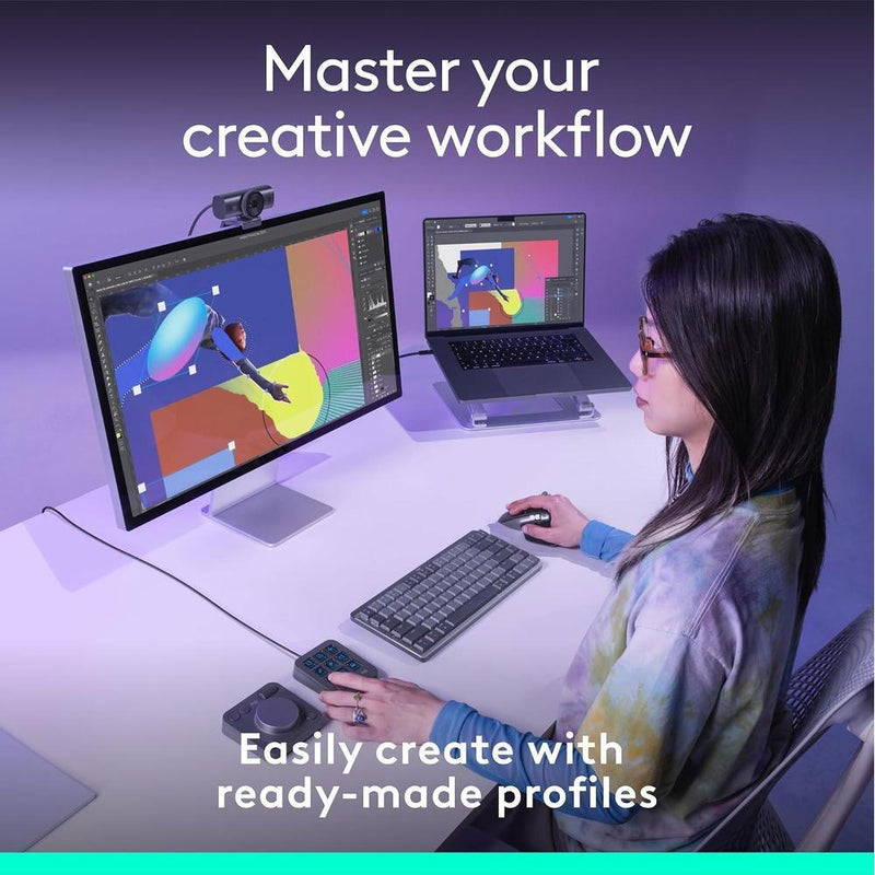 Consola Creativa Logitech MX con 9 teclas LCD personalizables, dial de control, incluye membresía Adobe Cloud 3 meses