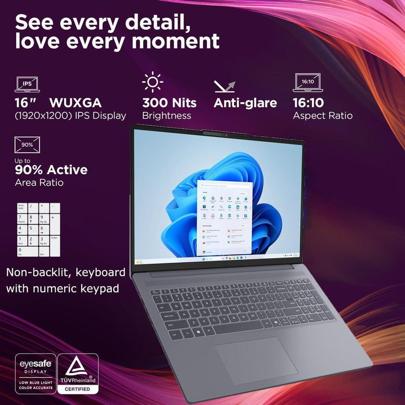 Lenovo IdeaPad Laptop, Intel Core I7, 16GB RAM, 1TB SSD, 16", Gris, Audio HD, Windows 11 Home