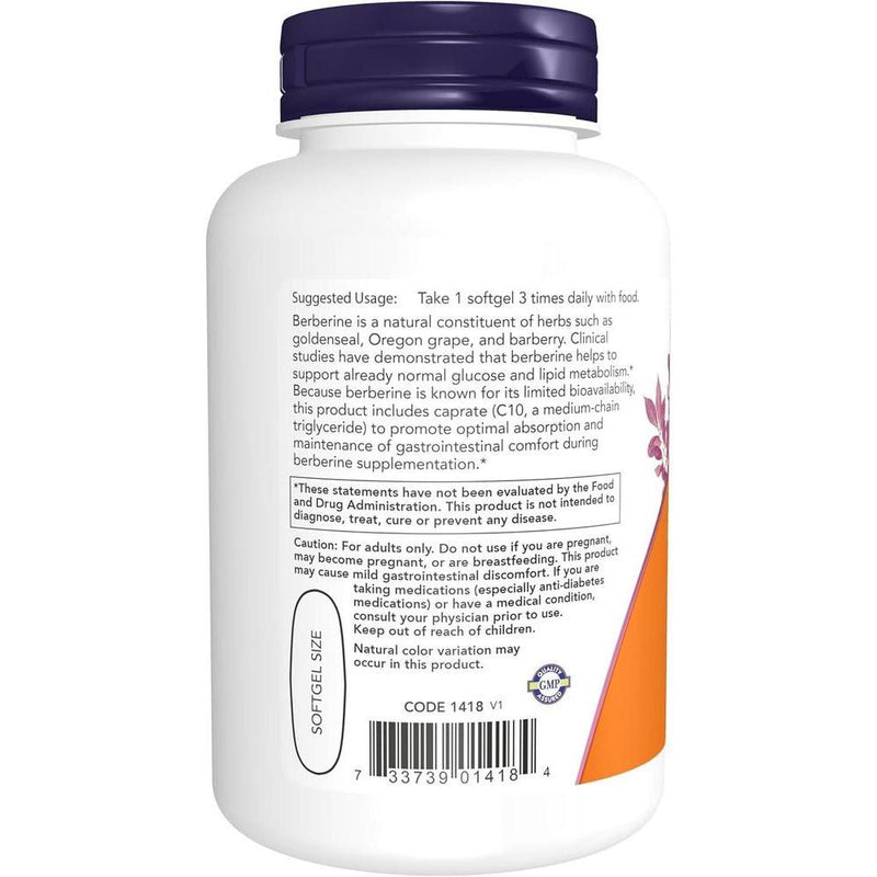 Suplemento NOW Foods con berberina para soporte de glucosa, combinado con aceite MCT para mejorar absorción, 90 cápsulas blandas