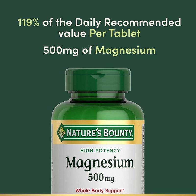 Nature's Bounty Tabletas de Magnesio 500 mg, Suplemento de Alta Potencia para Salud Ósea y Muscular, 200 Unidades