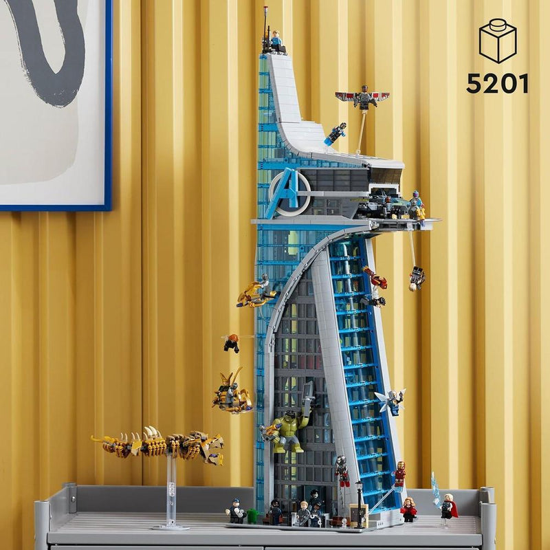 Torre de los Vengadores de LEGO Marvel con 31 minifiguras y detalles de película para adultos fanáticos del universo Marvel