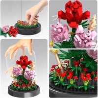 Kit ramo de flores con 524 piezas de mini ladrillos, rosas eternas en cúpula de cristal, ideal para regalos de San Valentín o decoraciones