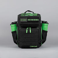 WOLFpak Mochila 25L negro verde neón, resistente al agua, personalizada con parches, ideal para viajes y uso diario