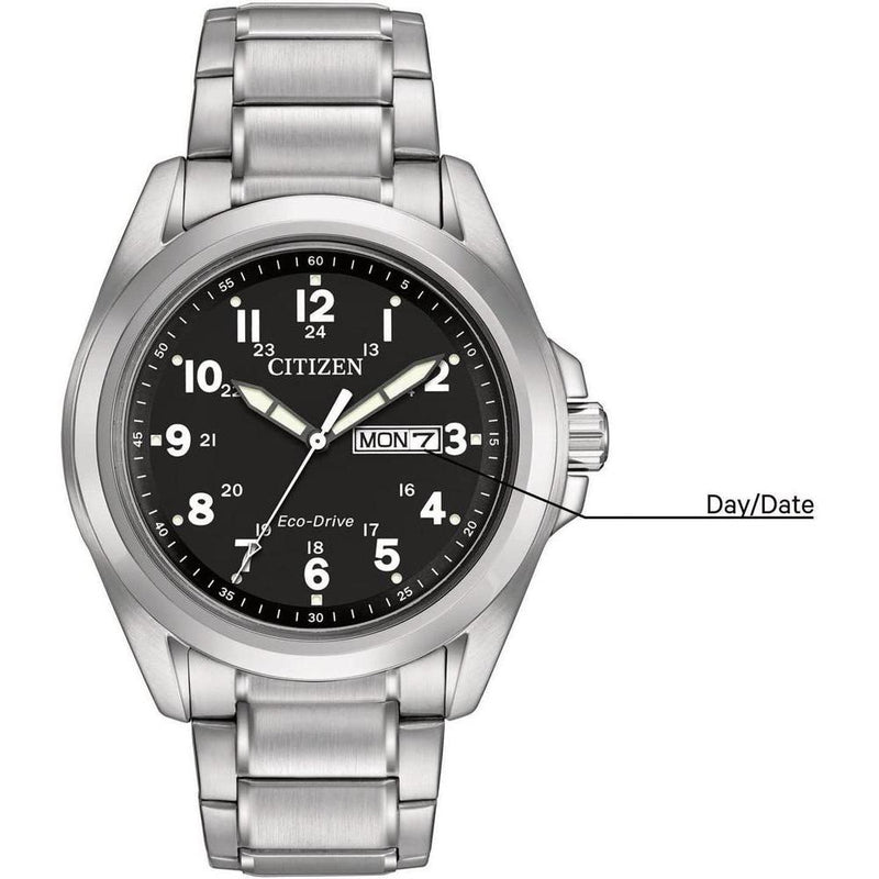 Citizen - Reloj de acero inoxidable con tecnología Eco-Drive, resistente al agua y calendarío día-fecha, modelo AW0050-82E, plateado