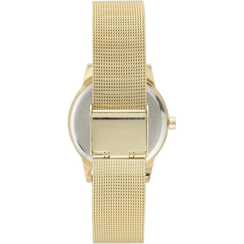 Reloj de pulsera para mujer Nine West en dorado con acero inoxidable, cristal resistente y diseño floral elegante