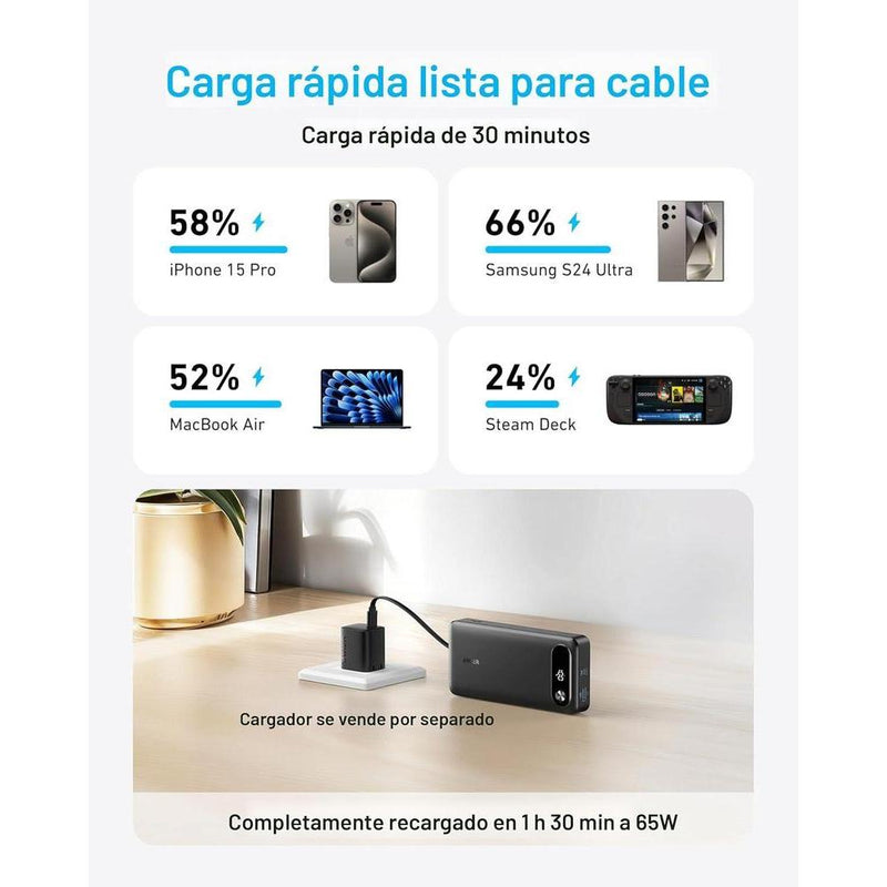 Anker Power Bank, cargador portátil esencial de viaje de alta capacidad con cable USB-C integrado para múltiples dispositivos