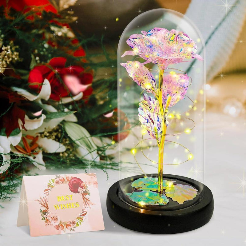 Rosa eterna en domo de cristal con luz LED
