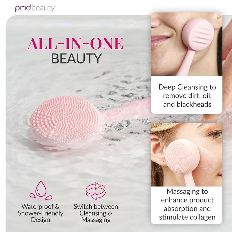 Dispositivo de limpieza facial PMD Clean con cepillo de silicona y masajeador antienvejecimiento, impermeable y a batería