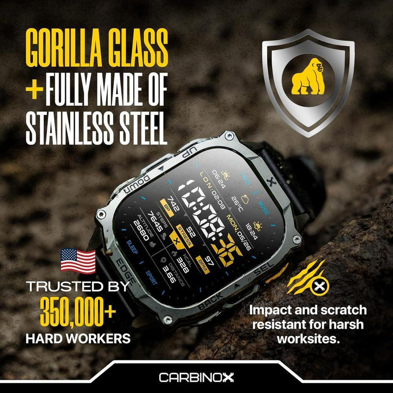 CARBINOX Smartwatch resistente con pantalla AMOLED, acero inoxidable, IP69K/5ATM, GNSS dual, batería 500mAh, Bluetooth