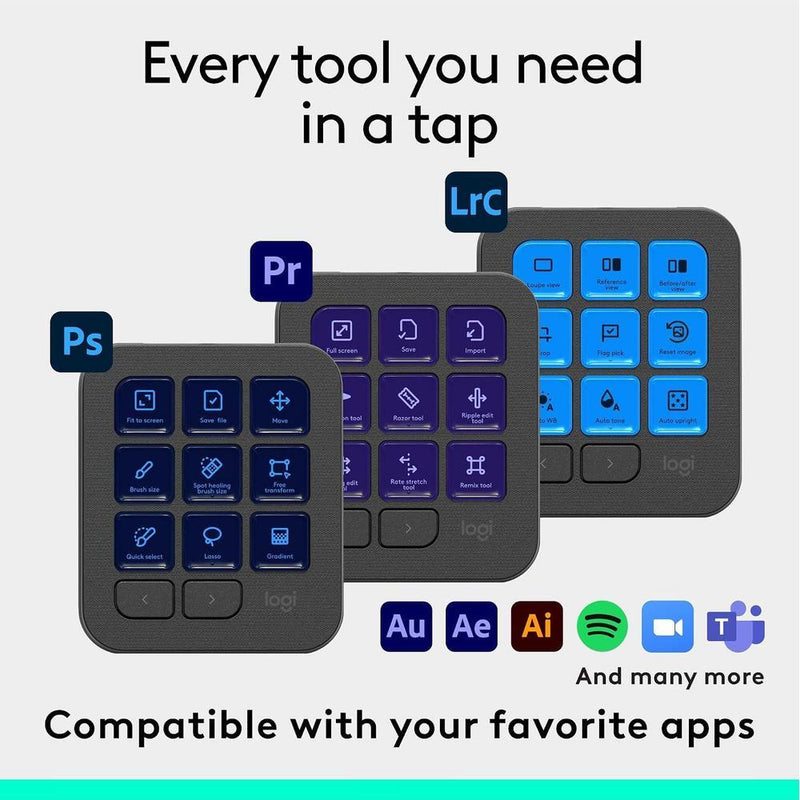 Consola Creativa Logitech MX con 9 teclas LCD personalizables, dial de control, incluye membresía Adobe Cloud 3 meses