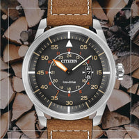 Citizen Reloj Eco-Drive para hombre en acero inoxidable, con correa de cuero marrón, modelo AW1361-10H con calendario y más