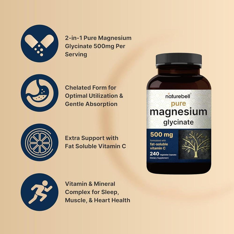 Cápsulas de glicinato de magnesio 500 mg, 240 unidades, 100% quelado, probado por terceros, sin OGM y sin gluten