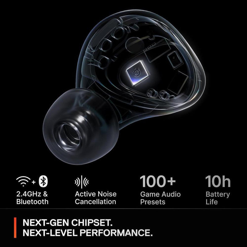 Arctis GameBuds para PlayStation, PC, Switch y móviles, con ANC, 2.4GHz y Bluetooth 5.3, resistentes al agua, batería 40H, estuche Qi