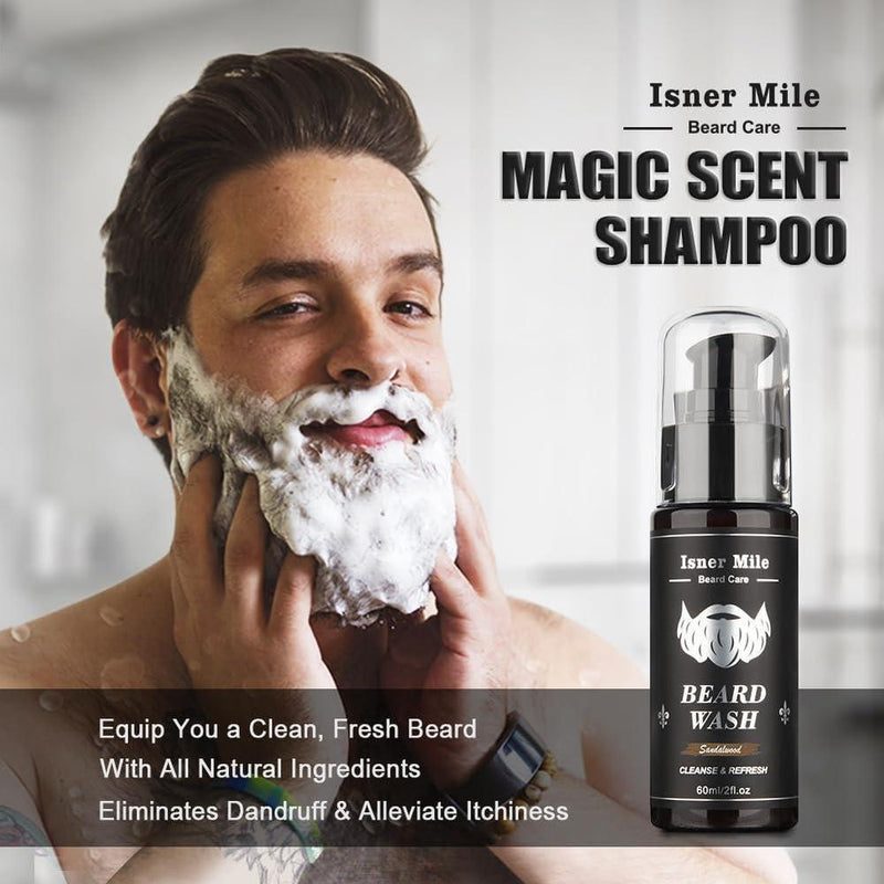 Kit de barba para hombres, incluye champú, aceite de crecimiento, bálsamo, cepillo, peine, tijeras y bolsa