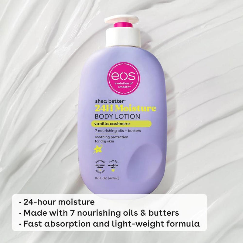 eos Shea Better Loción corporal Vanilla Cashmere, cuidado de la piel con humedad 24 horas y karité natural, vegano, ligera y no grasosa