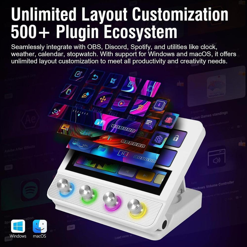 Controlador de streaming VSDINSIDE con teclas programables, macros, efectos sonoros y soporte ergonómico, compatible con Mac y PC