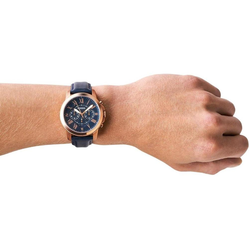 Reloj cronógrafo Fossil Grant para hombre, con correa de cuero azul y esfera de acero inoxidable resistente al agua hasta 165 pies