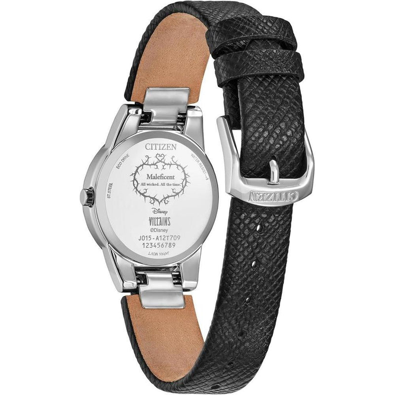 Citizen Eco Drive Maléfica Charm Box Set, Disney Villains, correa de cuero negro, Tono-plateado, Classic