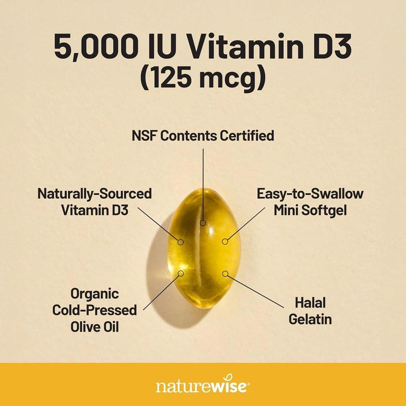 Vitamina D3 de NatureWise para apoyo inmunológico, muscular y óseo, sin GMO ni gluten, en aceite de oliva orgánico