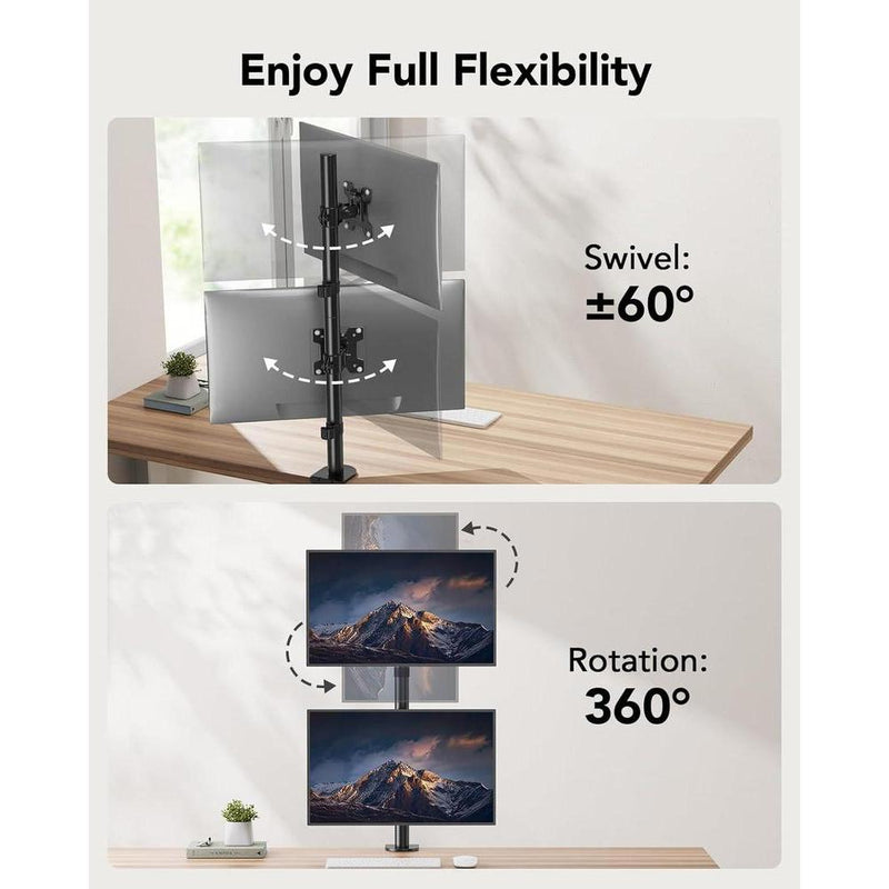Soporte de monitor doble vertical HUANUO con ajuste de altura para dos monitores, brazo articulable y abrazadera C