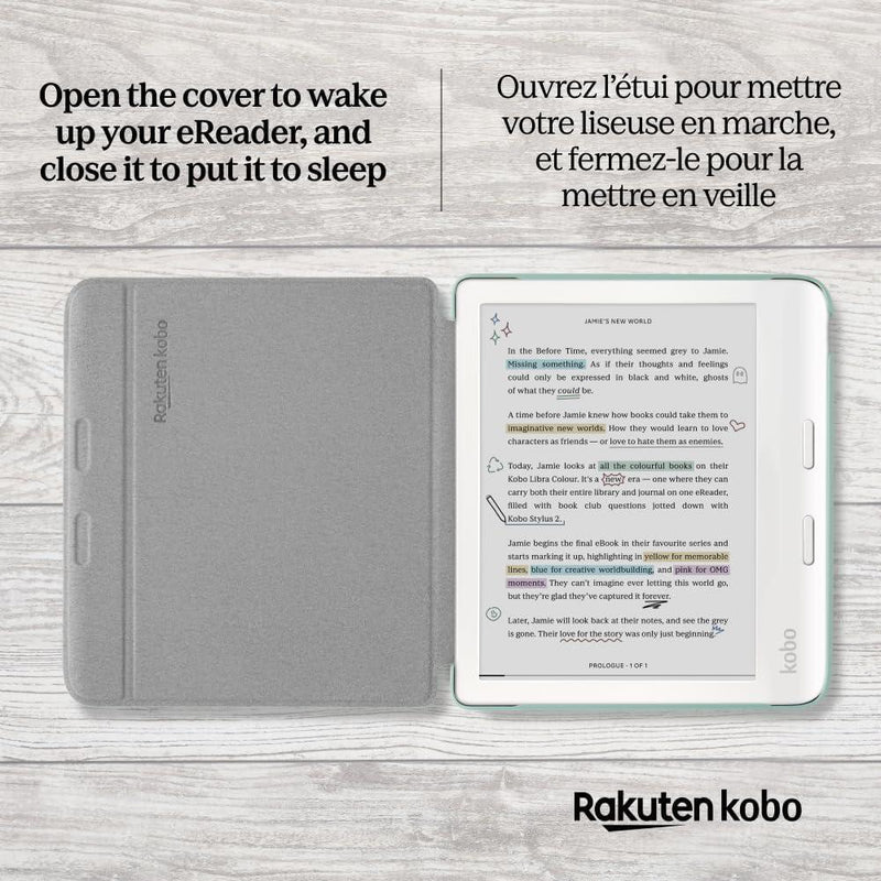Funda Kobo Libra Colour SleepCover verde jardín, tecnología de sueño y despertador. Soporte 2 vías y cuero vegano