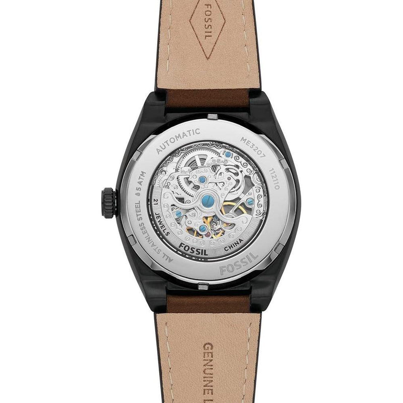 Reloj de Pulsera Automático Fossil Everett en Acero Inoxidable con Correa de Cuero, Esfera Negra y Resistente al Agua
