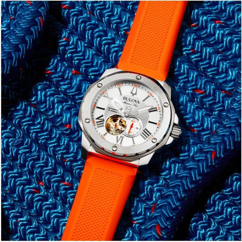 Bulova Marine Star 'Series A' Reloj automático para hombre con correa naranja de silicona, estilo moderno y resistente al agua