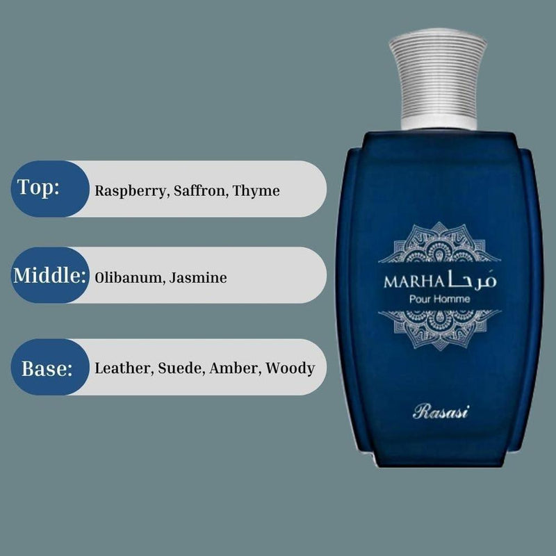 RASASI Marha Eau De Parfum, perfume árabe duradero para hombres con notas cálidas, florales y masculinas, ideal para toda ocasión